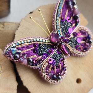 Purple butterfly beaded brooch, insect nature jewelry