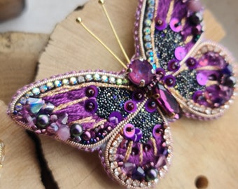 Purple butterfly beaded brooch, insect nature jewelry