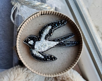 Swallow Beaded Brooch, Embroidered bird pin