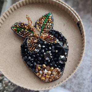 Black strawberry brooch, Beaded jewelry, Cute fruit pin image 1