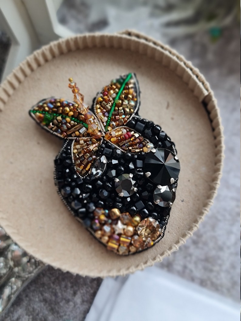 Black strawberry brooch, Beaded jewelry, Cute fruit pin image 1