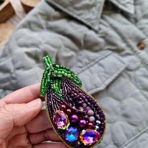 Handmade Purple Eggplant Beaded Brooch Crystal Embroidered Vegetable Pin for Plant Lover image 7