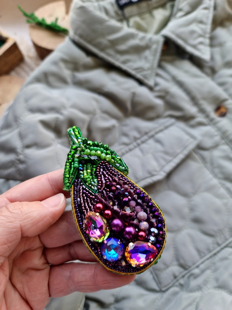 Handmade Purple Eggplant Beaded Brooch Crystal Embroidered Vegetable Pin for Plant Lover image 7