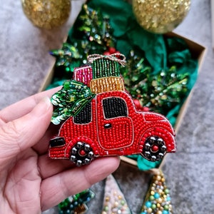 christmas car beaded brooch, unique holiday gift, unique gift for her,