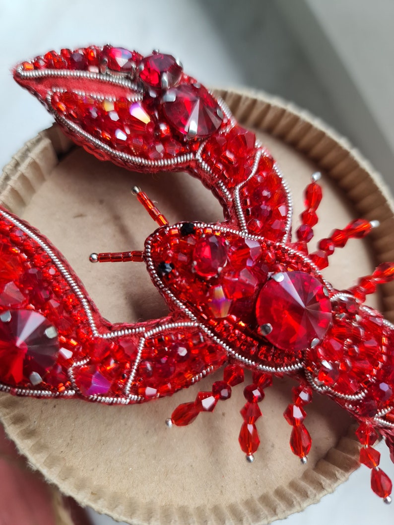 lobster brooch, ocean jewelry, embroidery art image 1