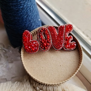 Letter red brooch, Custom beaded brooch, valentines day gift