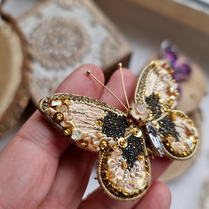 Golden Beige Butterfly Elegance Brooch Sparkling Insect Scarf Pin image 5