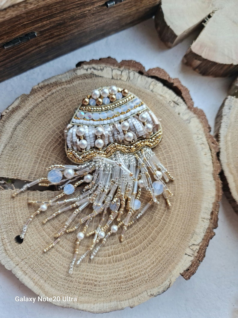 jellyfish beaded brooch, nature jewelry, beach jewelry, unique jewelry gold jellyfish