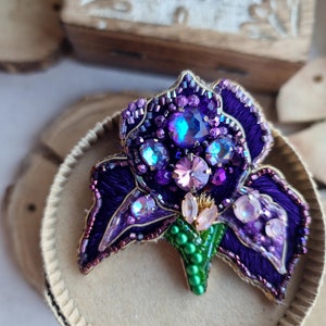 Purple Iris Brooch: Handmade Floral Embroidered Pin for Women Unique Gift image 1