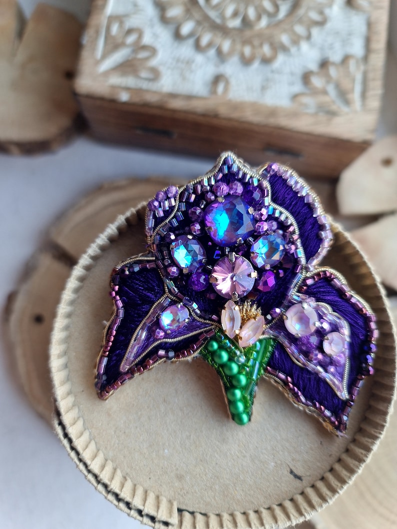 Purple Iris Brooch: Handmade Floral Embroidered Pin for Women Unique Gift image 1