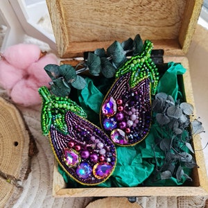 Handmade Purple Eggplant Beaded Brooch Crystal Embroidered Vegetable Pin for Plant Lover image 1