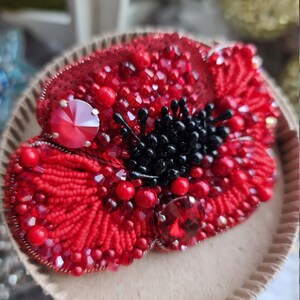 Red flower beaded brooch, Crystal plant pin, Unique gift for her image 2