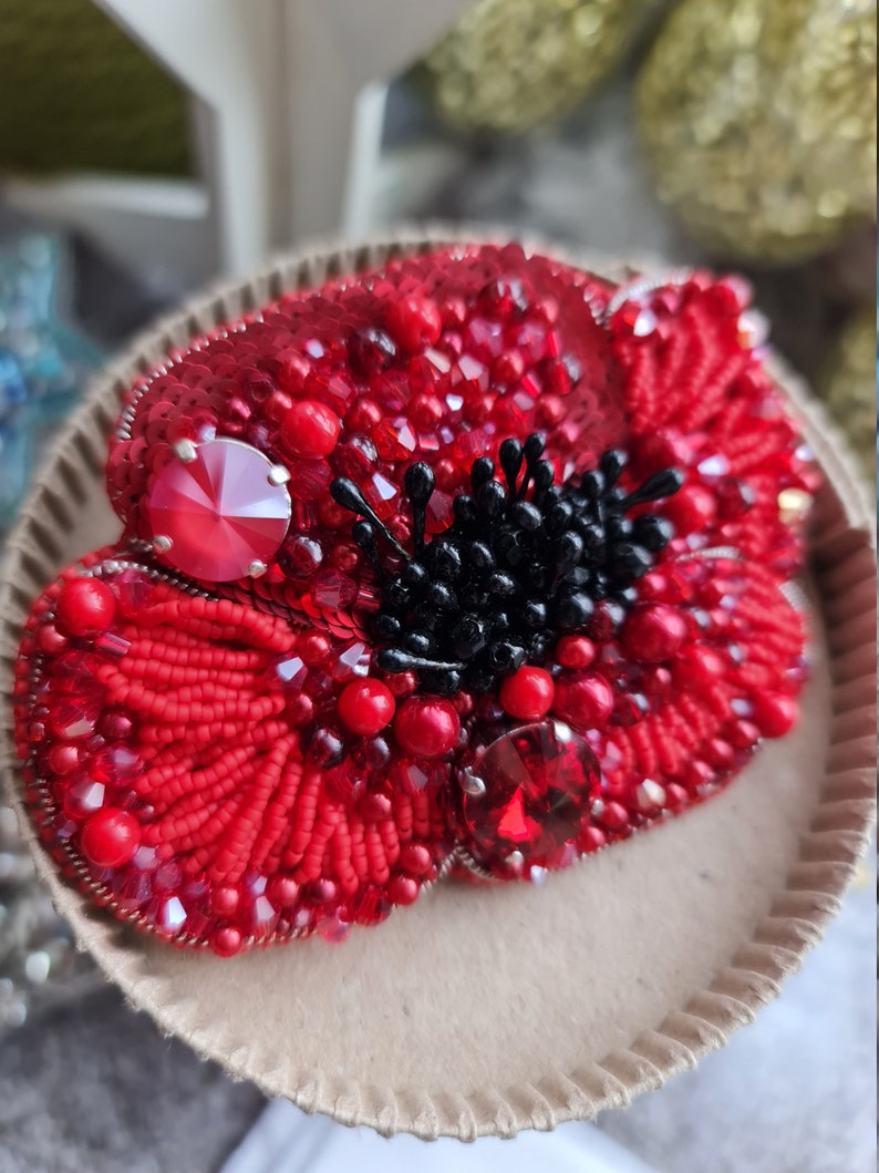Red flower beaded brooch, Crystal plant pin, Unique gift for her image 2