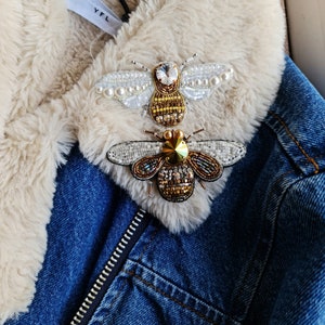 Bee beaded brooch pin, embroidered insect brooch