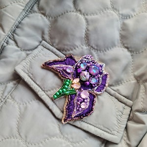 Purple Iris Brooch: Handmade Floral Embroidered Pin for Women Unique Gift image 2