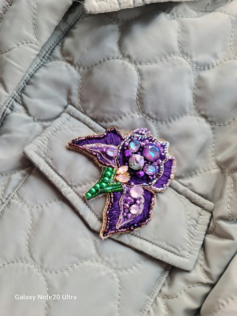 Purple Iris Brooch: Handmade Floral Embroidered Pin for Women Unique Gift image 2