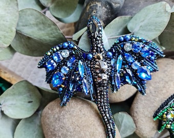 Blue Dragon Delight Brooch - Embroidered Beaded Dragon Pin, Handcrafted Dragon Jewelry