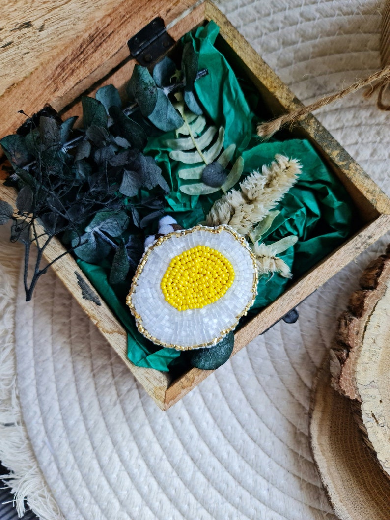 Sunny Side Up Handmade Fried Egg Beaded Brooch, brooch for woman image 1