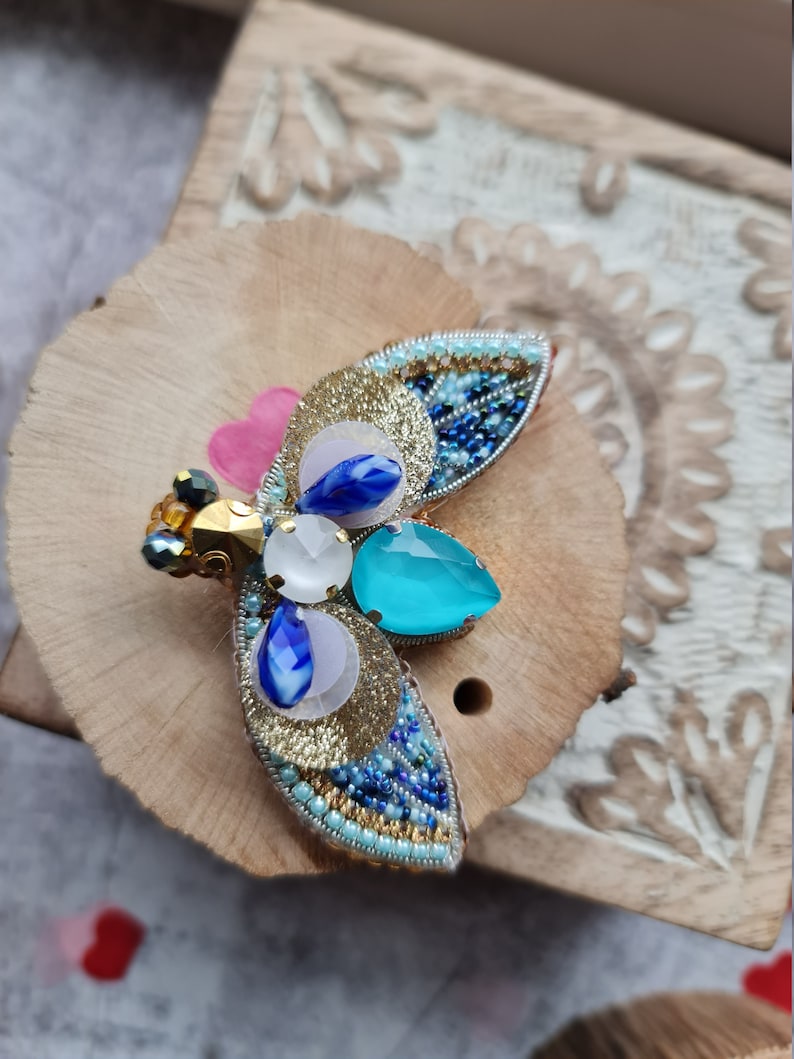 moth brooch, embroidered insect brooch Blue