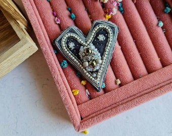 Silk Heart Brooch, Crystal Love Pin, Embroidery Handmade Art Beads