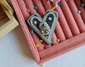 Silk Heart Brooch, Crystal Love Pin, Embroidery Handmade Art Beads