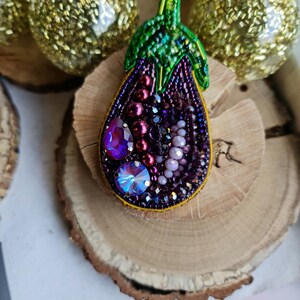 Handmade Purple Eggplant Beaded Brooch Crystal Embroidered Vegetable Pin for Plant Lover image 6