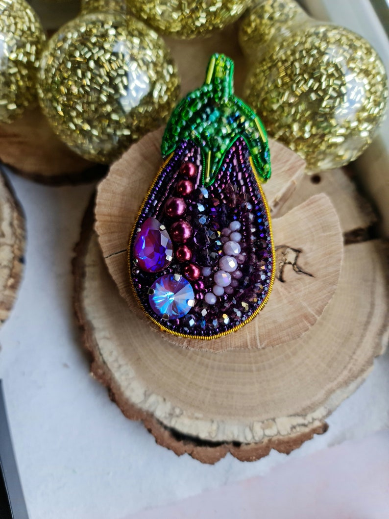 Handmade Purple Eggplant Beaded Brooch Crystal Embroidered Vegetable Pin for Plant Lover image 6