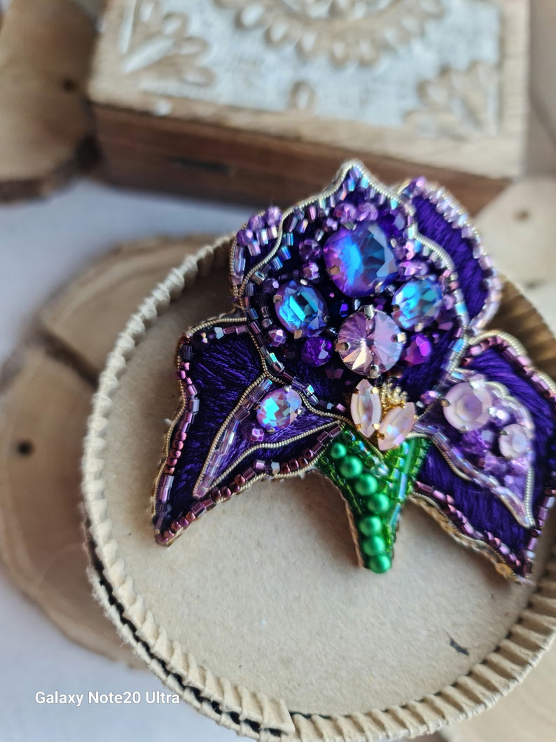 Purple Iris Brooch: Handmade Floral Embroidered Pin for Women Unique Gift image 8