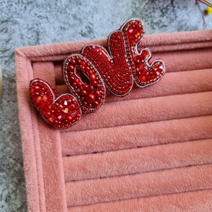 Beaded Heart & Love Letter Brooch Set: Handmade Crystal Pin