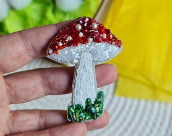 magic mushroom embroidered brooch, plant beaded pin, summer jewelry