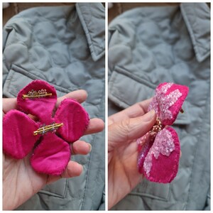 Pink Flower Beaded Brooch, Unique Gift for Her, best holiday gift, Velvet crystal flower, four leaf flower image 9