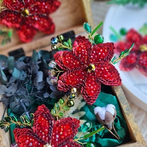 Holiday Sparkle Poinsettia Brooch | Festive Christmas Flower Pin | Red Poinsettia Jewelry | Holiday Bling Brooch