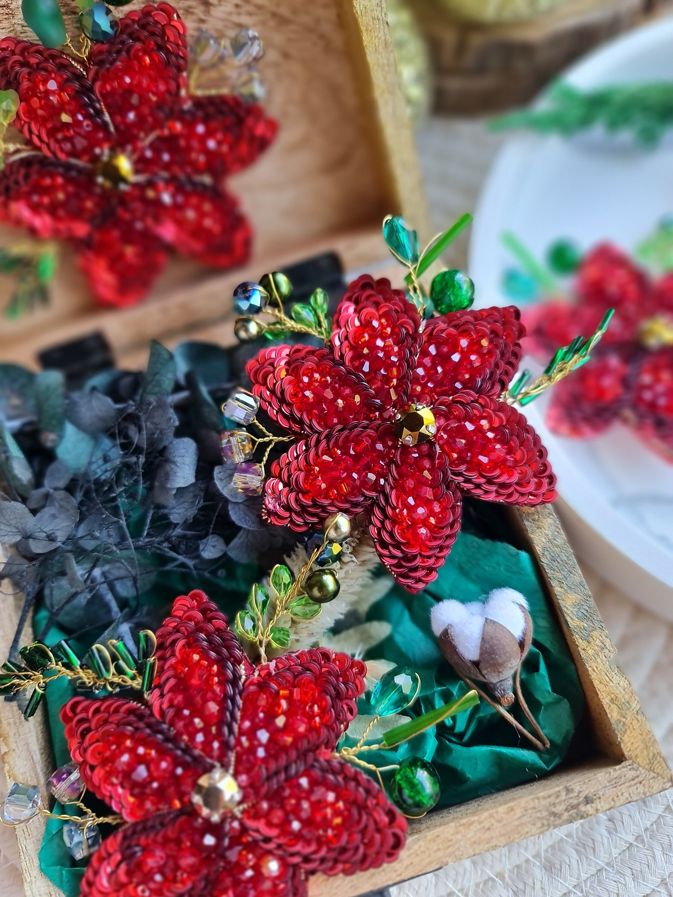 thumbnail image 2 of ZARD Poinsettia Christmas Red Flower Brooch Pin With Crystal Accents 2 of 4