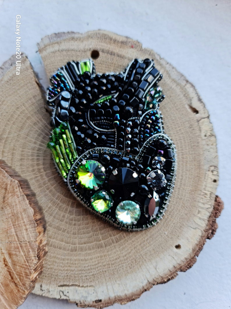 Unique Gothic Black Anatomical Heart Bead Brooch Crystal-Embroidered Statement Jewelry image 6