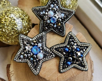 rhinestone star beaded brooch, blue, black star jewelry