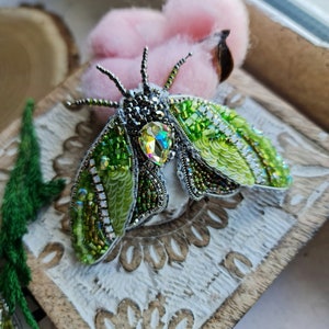 Mystic Green Moth Beaded Brooch: Insect Jewelry, Nature Lover Gift, Unique Lapel Pin Brooch