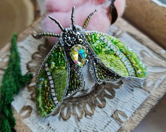 Mystic Green Moth Beaded Brooch: Insect Jewelry, Nature Lover Gift, Unique Lapel Pin Brooch