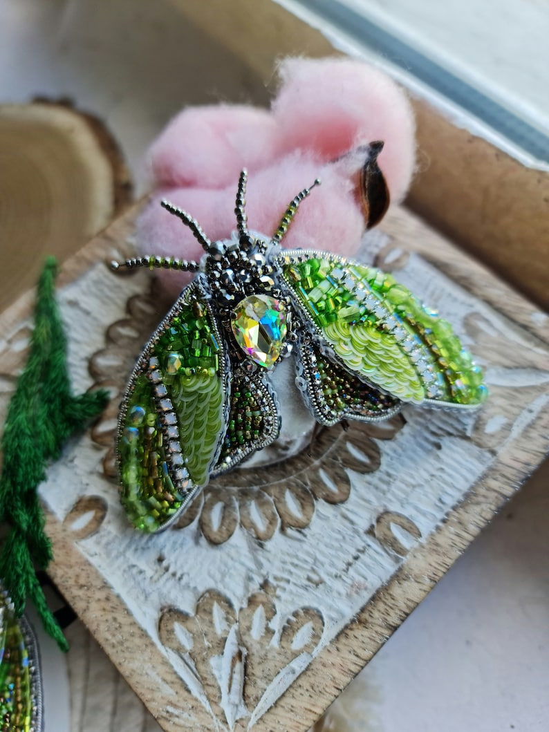 Mystic Green Moth Beaded Brooch: Insect Jewelry, Nature Lover Gift, Unique Lapel Pin Brooch image 1