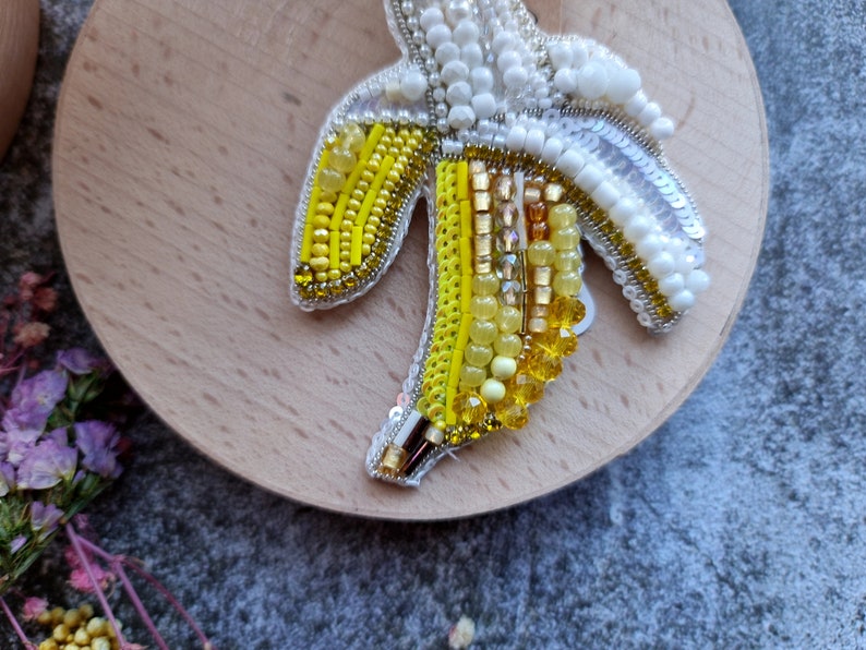 Cheerful Banana Beaded Brooch: Funny Fruit Pin Kawaii Jewelry Embroidered with Crystals and Various Beads image 3