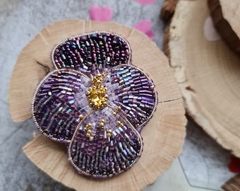 pansy flower beaded brooch, handmade jewelry