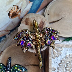 Mythical Dragon&#39;s Enchantment Embroidered Beaded Dragon Pin - Handcrafted Fantasy Jewelry