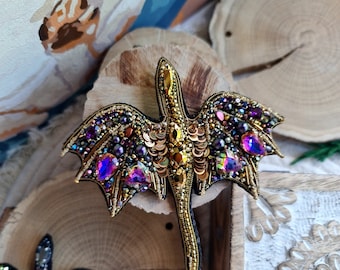 Mythical Dragon's Enchantment Embroidered Beaded Dragon Pin - Handcrafted Fantasy Jewelry