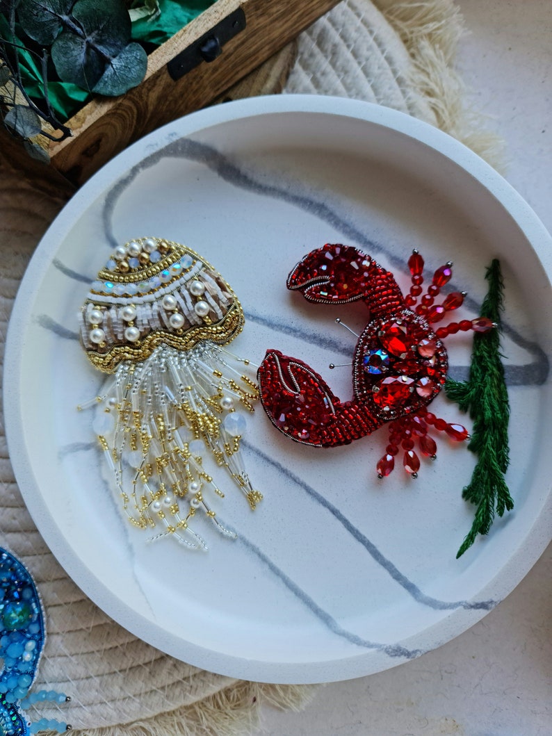 Seaside Treasures: Handmade Crab Beaded Brooch Pin Cancer Zodiac Gifts crab & jellyfish pin