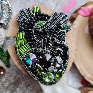 Black anatomical heart, Embroidery brooch heart, Human heart pin
