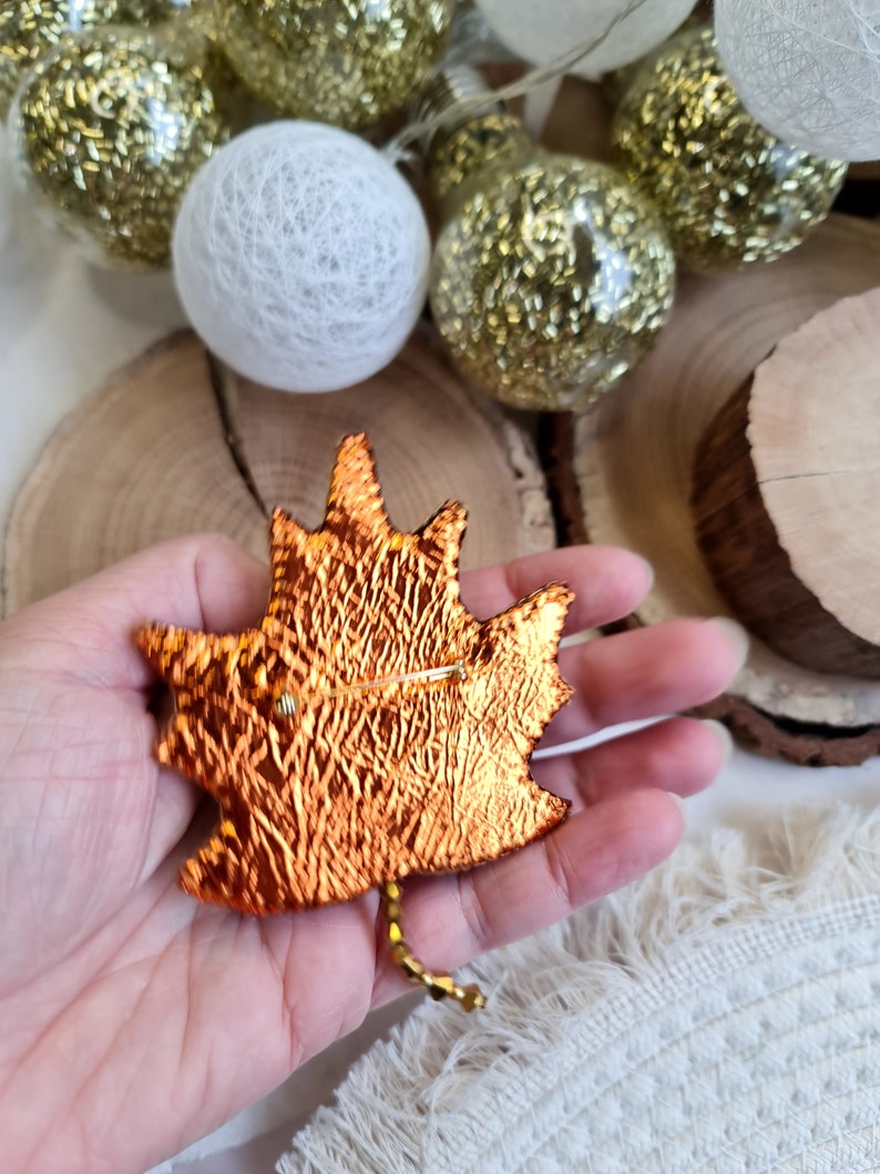 Handmade gift Gold leaf brooch, maple leaf pin, christmas brooch image 4