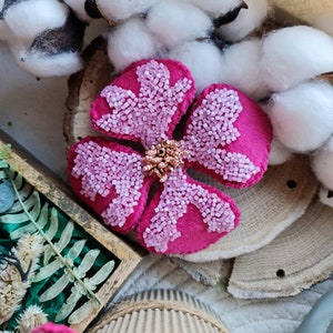 Pink Flower Beaded Brooch, Unique Gift for Her, best holiday gift, Velvet crystal flower, four leaf flower image 10