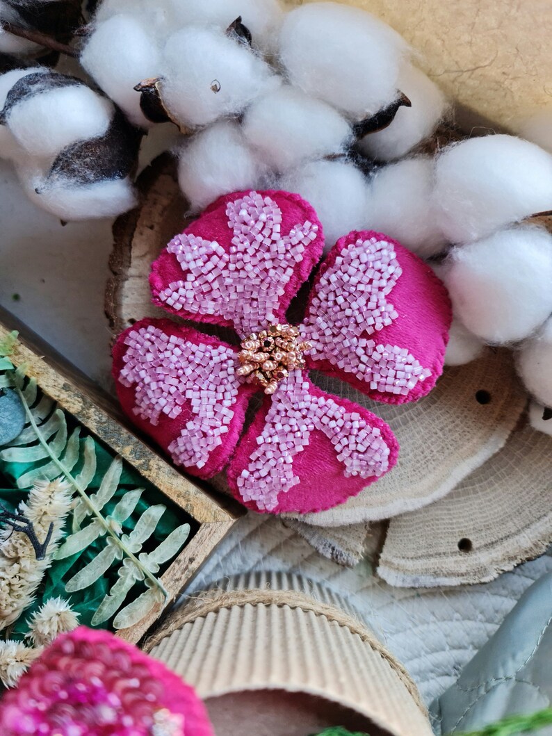 Pink Flower Beaded Brooch, Unique Gift for Her, best holiday gift, Velvet crystal flower, four leaf flower image 10