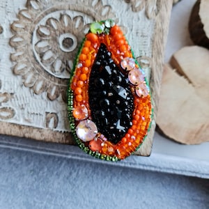 Papaya Orange fruit beaded brooch,  fruit jewelry gift, summer jewelry gift