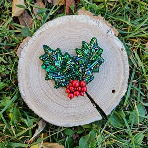 Festive Holly Delight: Beaded Christmas Brooch for women - Embroidered Holiday Accessory