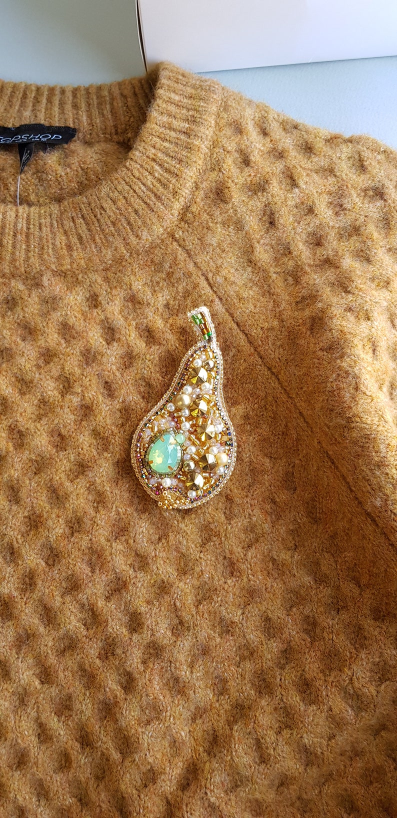 Pear beaded brooch, Plant fruit pin, Botanical jewelry image 2